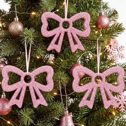 Large Pink Christmas Bow Ornaments Set - 12 Glitter Foam Decorations