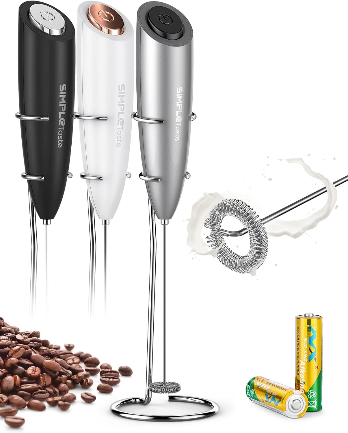 SimpleTaste Electric Milk Frother - Handheld Foam Maker with Stainless Steel Whisk for Lattes & Cappuccinos | Gray with Stand