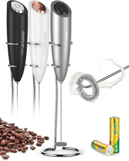 SimpleTaste Electric Milk Frother - Handheld Foam Maker with Stainless Steel Whisk for Lattes & Cappuccinos | Gray with Stand