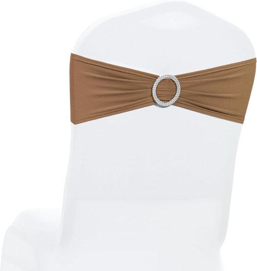 MDS Premium Spandex Chair Sashes - Stretchy Bow Covers with Buckle Slider | 25-Pack in Mocha for Weddings & Events