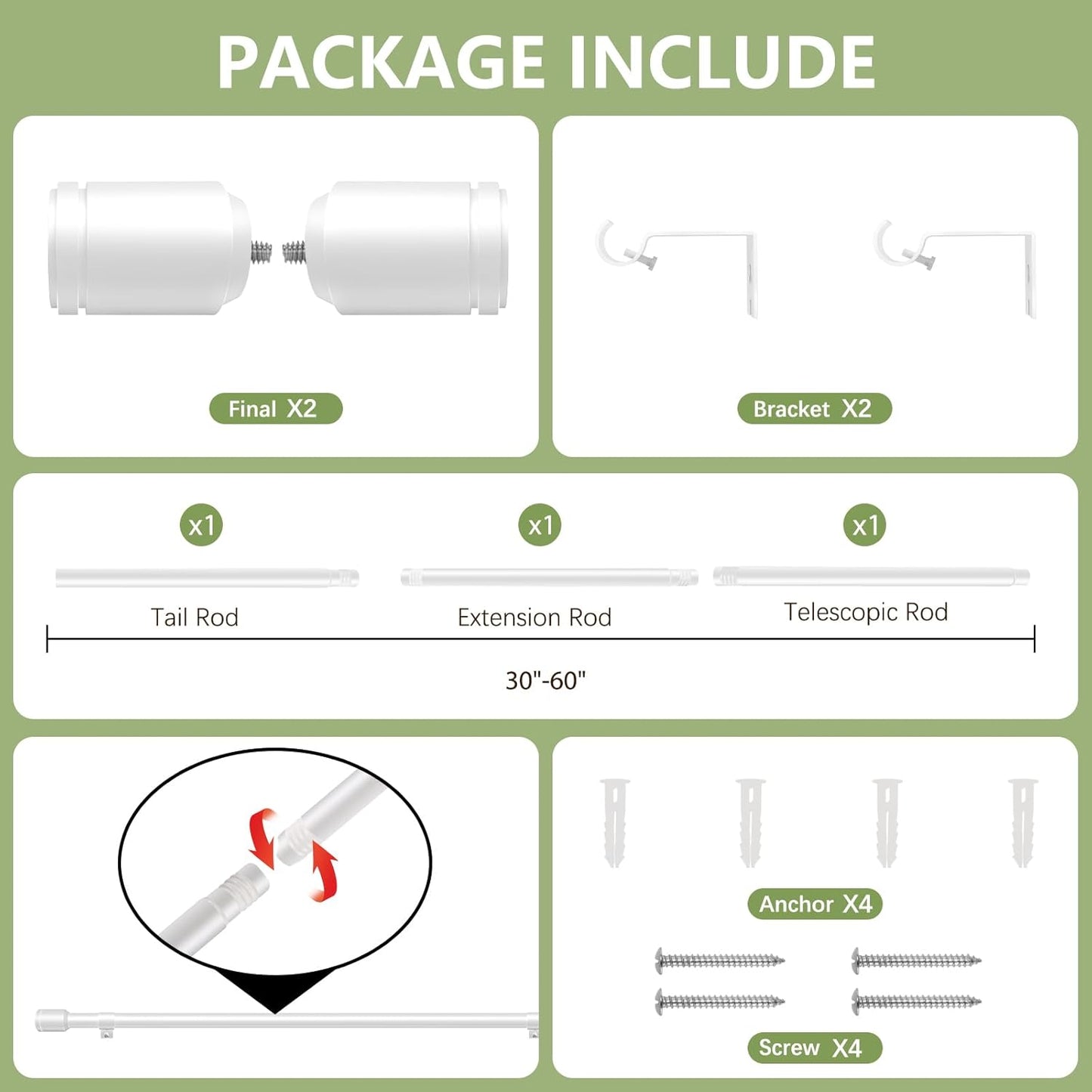 Skiennix Adjustable Curtain Rods - 5/8” Diameter, 30-60 Inch for Windows | White with Brackets