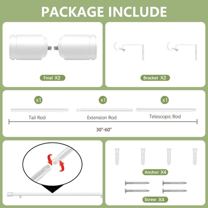 Skiennix Adjustable Curtain Rods - 5/8” Diameter, 30-60 Inch for Windows | White with Brackets
