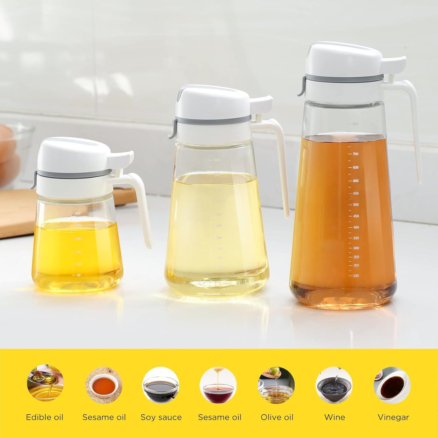 Skiennix Auto Flip Glass Olive Oil Dispenser - 22oz Clear Cruet with Measurement Scale