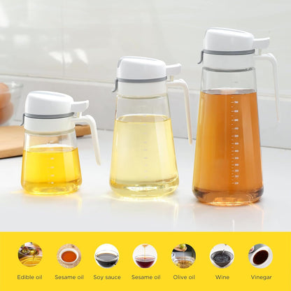 Skiennix Auto Flip Glass Olive Oil Dispenser - 22oz Clear Cruet with Measurement Scale