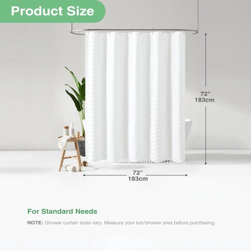 Dynamene Boho Farmhouse Shower Curtain, White Fabric Tufted Chevron Striped Textured Tassel Shower Curtains for Bathroom, Water Repellent, Minimalist Ruffled Cloth Shower Curtain Set with Hook, 72x72