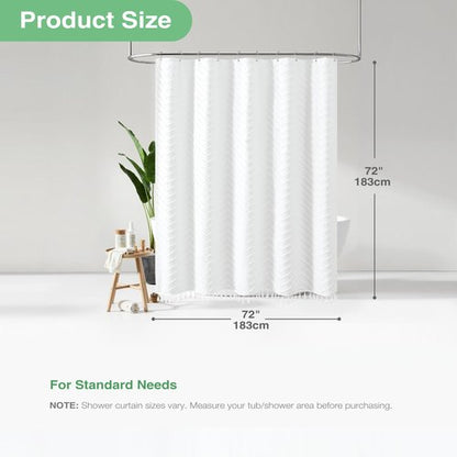 Dynamene Boho Farmhouse Shower Curtain, White Fabric Tufted Chevron Striped Textured Tassel Shower Curtains for Bathroom, Water Repellent, Minimalist Ruffled Cloth Shower Curtain Set with Hook, 72x72