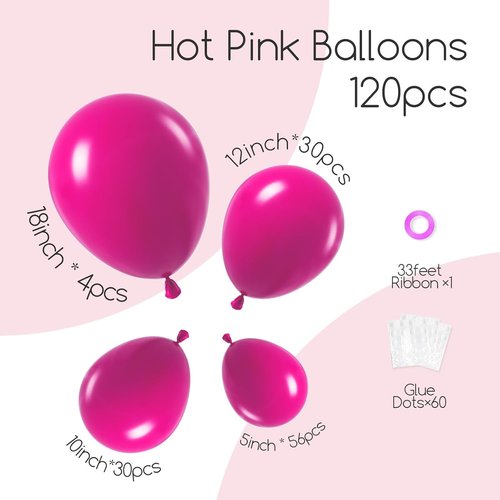 Awenztech Hot Pink Balloon Arch Kit - 120pcs Latex Balloons in Various Sizes for Parties & Events