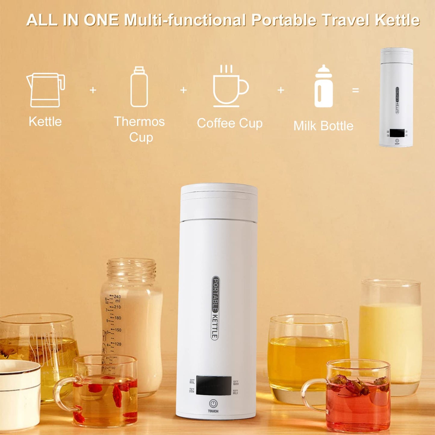 Travel Kettle,Portable Kettle Travel Electric Kettle Electric Coffee Kettle Portable Water Boiler with 4 Variable Presets 316 Stainless Steel Suitable for Milk Coffee Water and Tea(450ML)