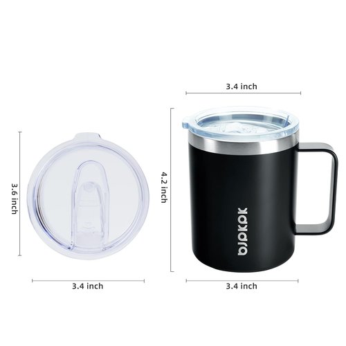 BJPKPK Insulated Coffee Mugs - 14oz Stainless Steel Tumblers with Splash-Proof Lid | Black, Set of 2