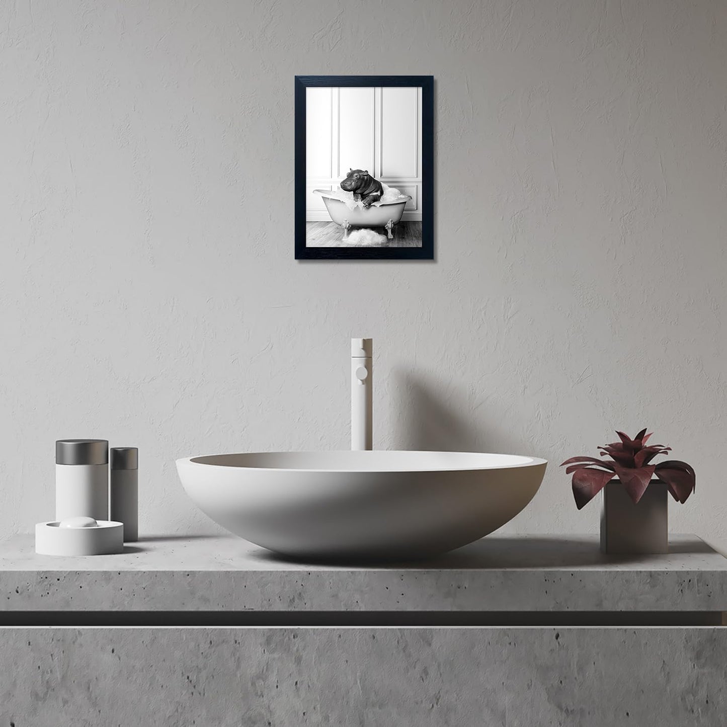 Skiennix Framed Bathroom Decor - Cute Black and White Hippo in Bathtub Canvas Print | Wall Art for Home