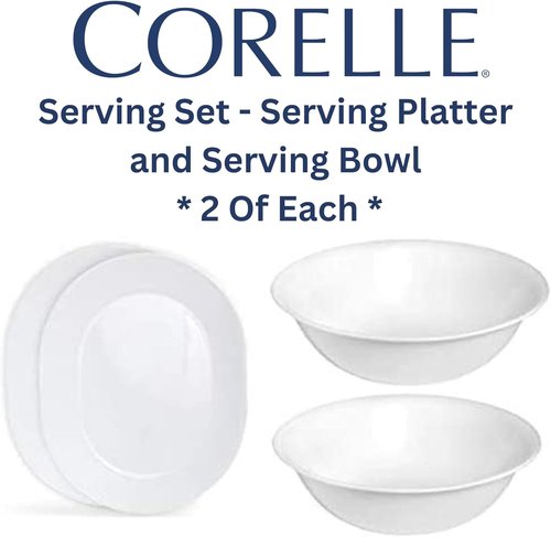Corelle 12.25-Inch Serving Platter & 2-Quart Serving Bowl Set - Winter Frost White | 4-Piece Set