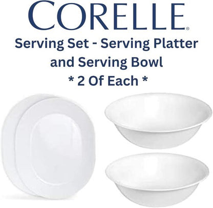 Corelle 12.25-Inch Serving Platter & 2-Quart Serving Bowl Set - Winter Frost White | 4-Piece Set