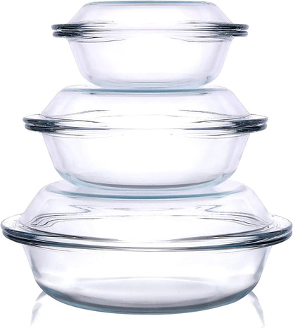 Regine Switzerland Round Glass Casserole Dishes Set - Nesting Baking Dish with Lids | Oven, Freezer & Dishwasher Safe - 0.5QT, 1QT, 1.8QT