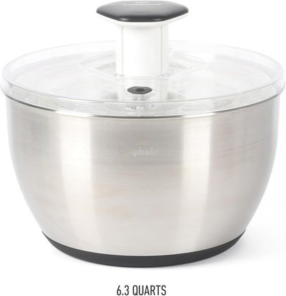 Calphalon Aero 6.3 Qt Stainless Steel Salad Spinner - Efficient Fruit & Vegetable Washer | Easy Straining
