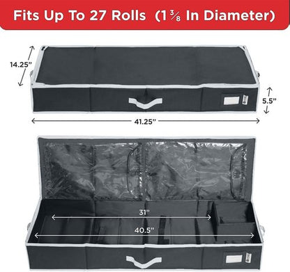 HOLDN' STORAGE Premium Wrapping Paper Storage Container - Durable 600D Tear-Proof Design | Fits 27 Rolls with Extra Pockets for Ribbons & Bows - Ideal Underbed Storage for Holidays, Black/White Trim