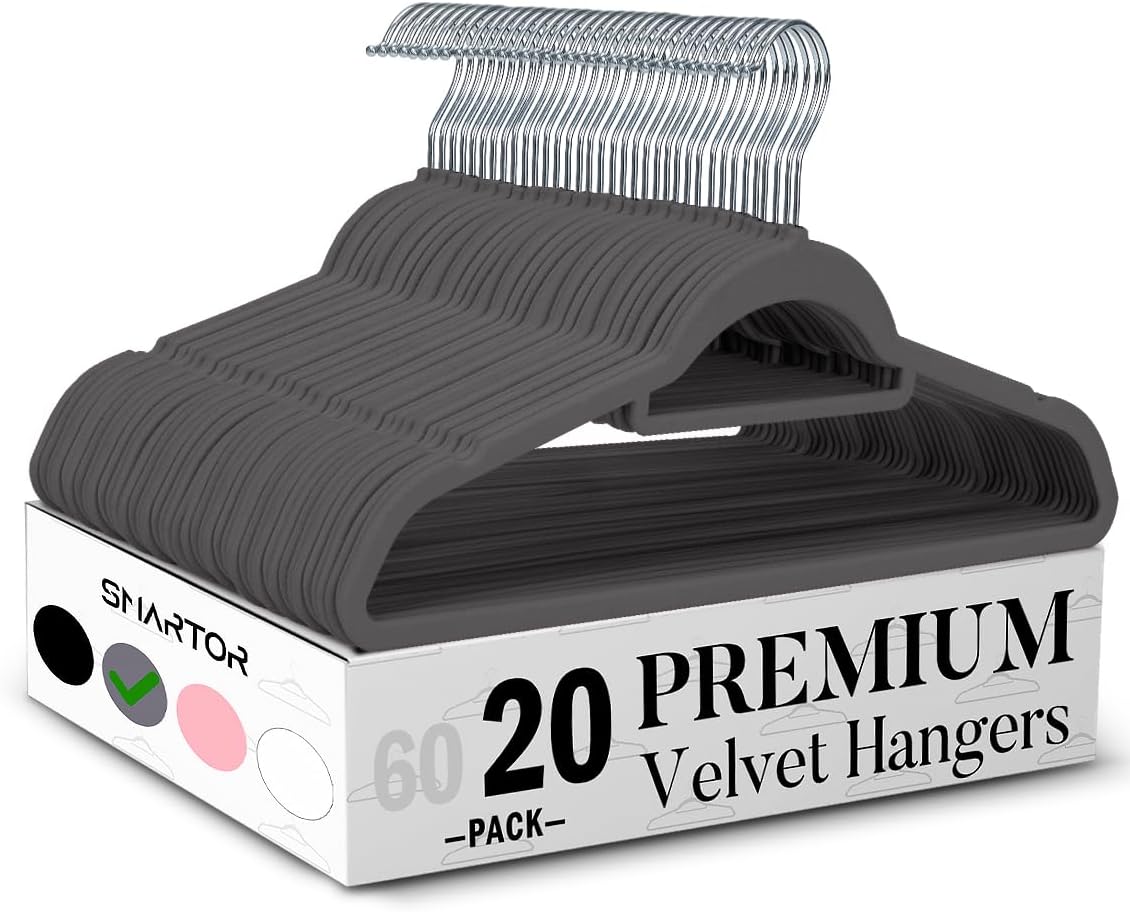 Smartor Grey Velvet Hangers - 20 Pack Heavy-Duty Non-Slip Clothes Hangers with Tie Bar & Shoulder Notches