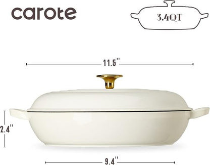 CAROTE Enameled Cast Iron Braiser Pan - 3.4QT Shallow Dutch Oven with Lid | Non-Toxic, All Stovetop Compatible, White
