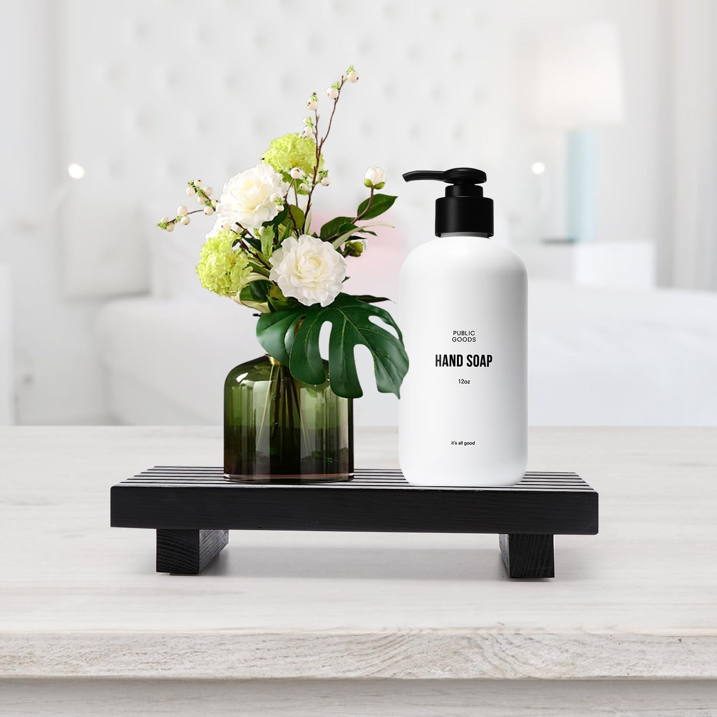Regine Switzerland Small Bathroom Counter Organizer Tray - Decorative Wooden Pedestal Stand | Black Soap Holder