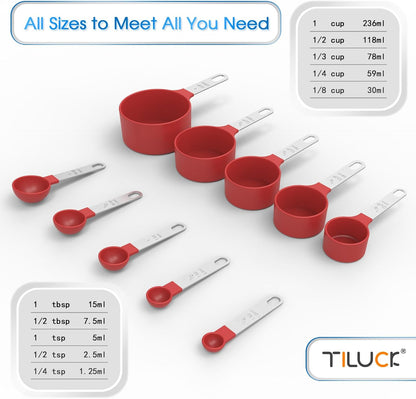 TILUCK Measuring Cups & Spoons Set - Stackable Kitchen Gadgets with Stainless Steel Handles | Red
