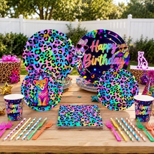 Rainbow Cheetah Birthday Decorations Set with Backdrop, Balloons, Cake Toppers