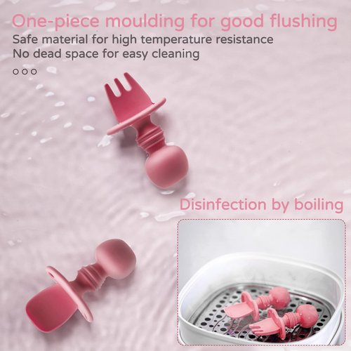 Silikong Silicone Utensils, Baby Fork and Spoon Set, Training Utensils, Baby Led Weaning Stage 1 for Ages 6 Months (Pink)