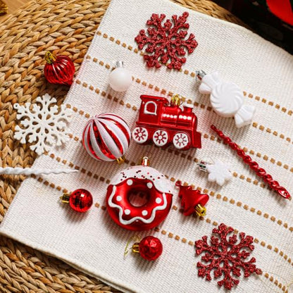 82pcs Christmas Ornaments Set Red & White Shatterproof Plastic Holiday Decor