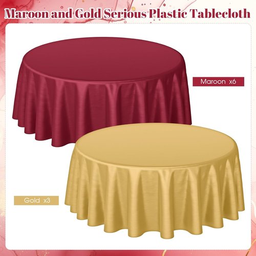 Buryeah 12 Pcs Burgundy & Gold Round Table Cloths - 84 Inch Waterproof Disposable Covers for Events