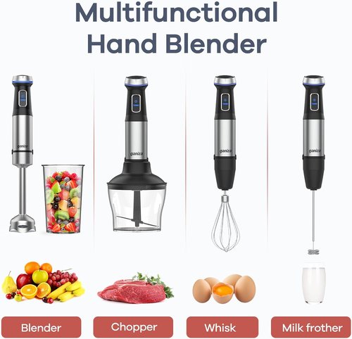 Ganiza Immersion Blender - 5-in-1 Handheld Blender with 1000W Motor & Stainless Steel Blade | Includes 800ml Beaker, 600ml Chopper, Whisk & Milk Frother