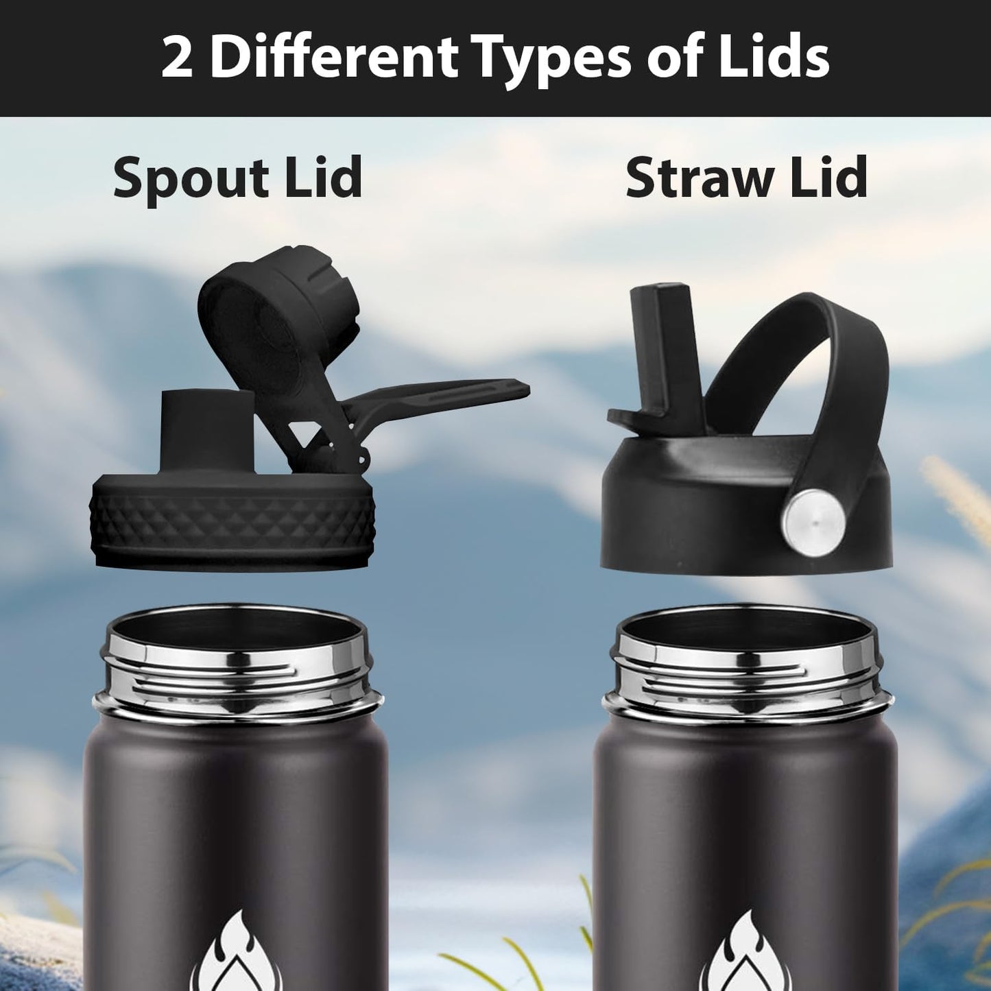 SENDESTAR Insulated Water Bottle - 24 Oz Wide Mouth with Straw & Spout Lid | Double Wall Stainless Steel, Leak Proof, Black