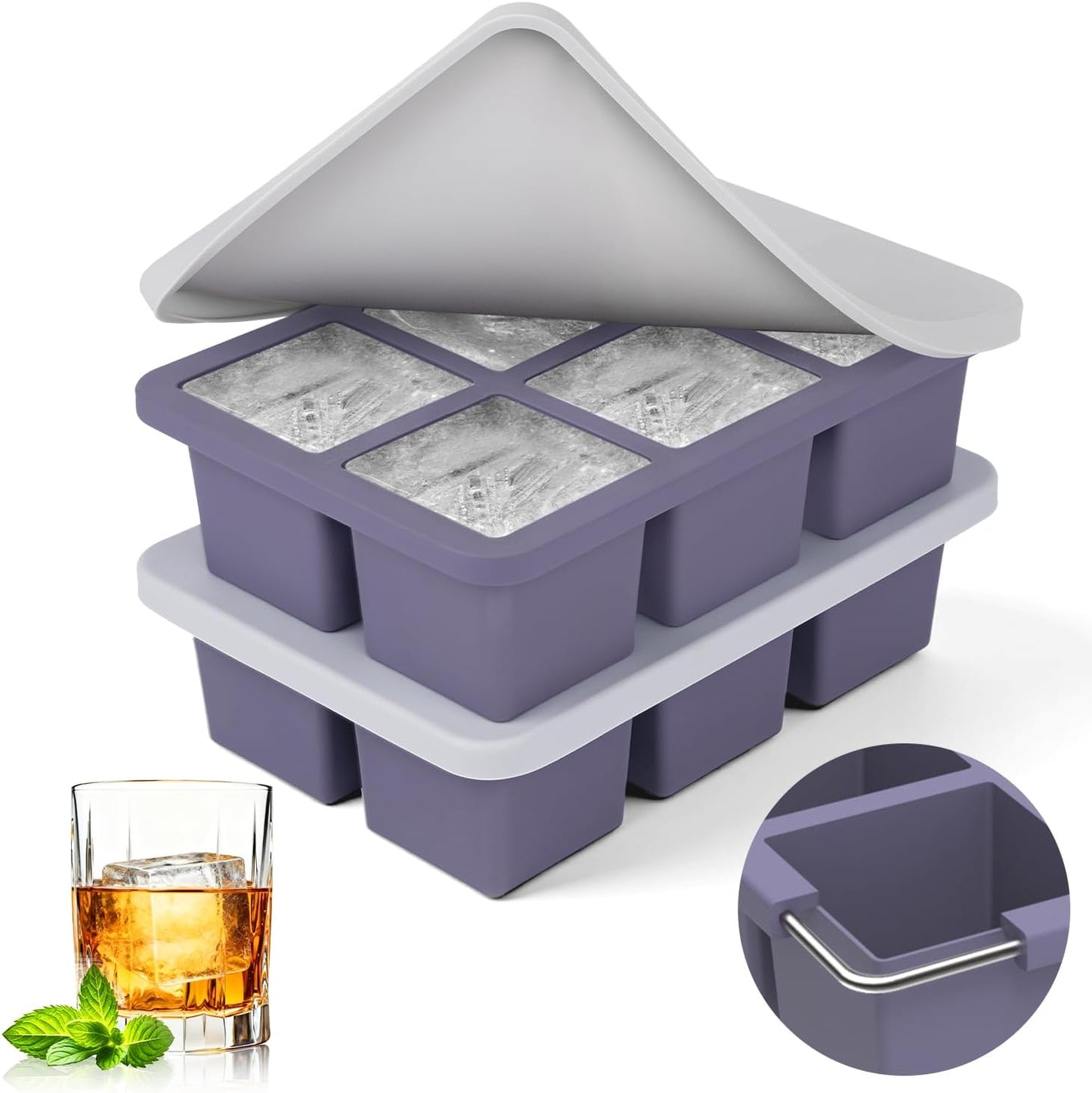 Mossime Silicone Ice Cube Tray - 2-Pack Large 2-Inch Whiskey Molds with Lid | Easy Release for Cocktails & Baby Food