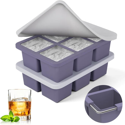 Mossime Silicone Ice Cube Tray - 2-Pack Large 2-Inch Whiskey Molds with Lid | Easy Release for Cocktails & Baby Food