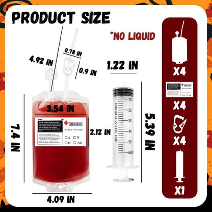 Halloween Blood Bags for Drinks 4 Pack with Syringe & Clips Set