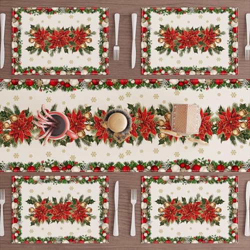 Christmas Poinsettias Leaves Bells Snowflakes Holiday Placemats Set of 4 12x18 Inch