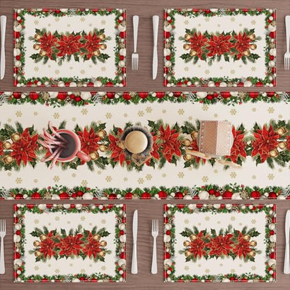 Christmas Poinsettias Leaves Bells Snowflakes Holiday Placemats Set of 4 12x18 Inch