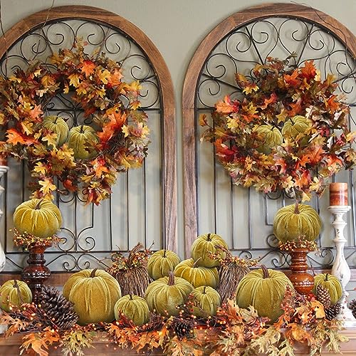 Artificial Velvet Pumpkins Set - Yellow Olive, 16 Pieces Fall Decor
