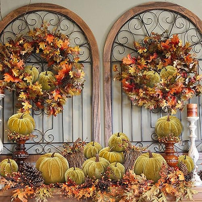 Artificial Velvet Pumpkins Set - Yellow Olive, 16 Pieces Fall Decor