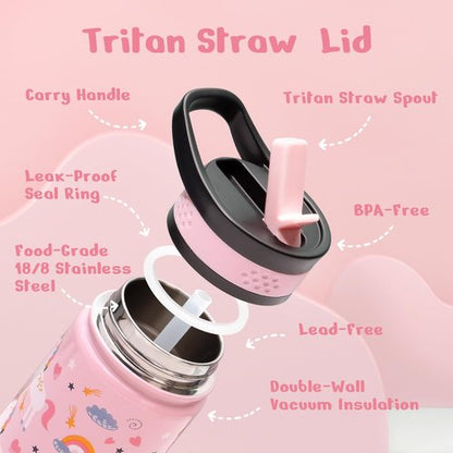 BUZIO Kids Water Bottle - Insulated 14oz Stainless Steel Thermo Cup with Straw Lid | Pink Unicorn Design