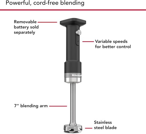 KitchenAid Go Cordless Hand Blender - Includes Battery, Sleek Black Matte Finish