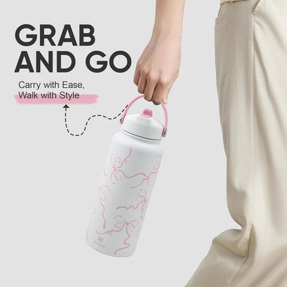 Bow Water Bottle | 32 oz Insulated Stainless Steel with Flip Straw & Handle - Leak Proof, Reusable, Wide Mouth (Breeze Pink)