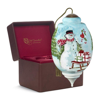 Ne'Qwa Limited Edition Wintery House and Snowman in Woods Ornament