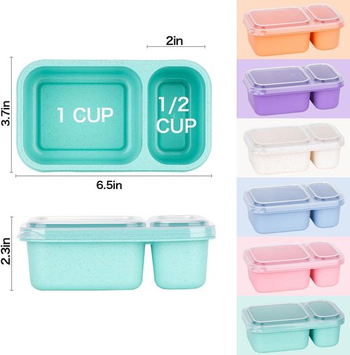 DOSEWART Reusable Snack Containers - 2-Compartment Wheat Straw Meal Prep Packs | 6-Pack for On-the-Go Snacking