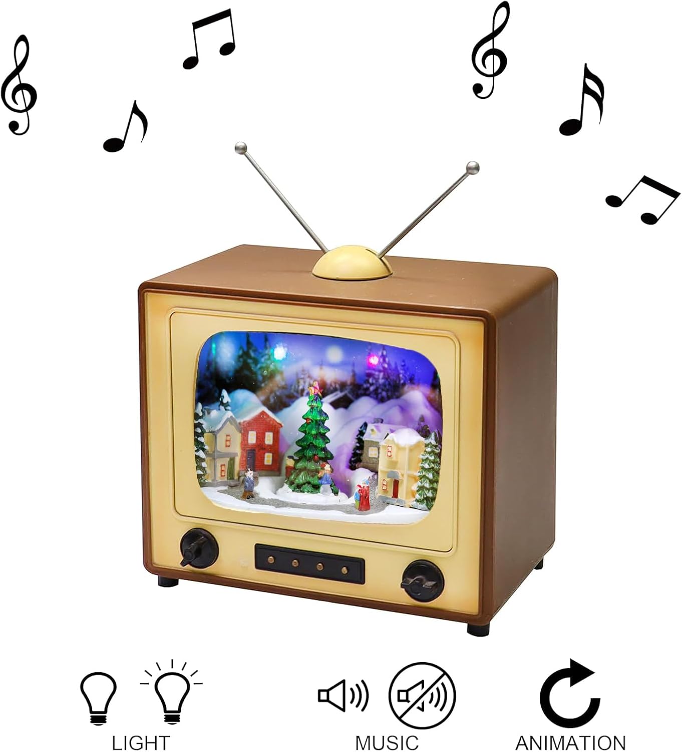 Moments In Time Animated Retro TV Christmas Village Scene - 6” Hand-Painted Lighted Décor with LED Lights & Moving Tree