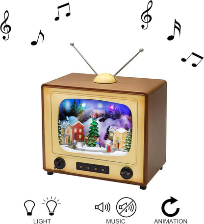 Moments In Time Animated Retro TV Christmas Village Scene - 6” Hand-Painted Lighted Décor with LED Lights & Moving Tree