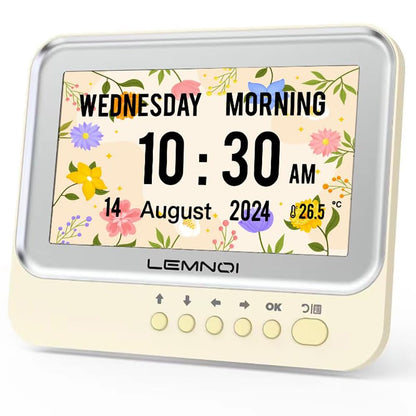 Lemnoi Dementia Clock,Digital Calendar Clock with Day and Date,Alzheimer's Calendar for Seniors Elderly Memory Loss, 15 Alarms 15 Medicine Reminders,Customizable Auto Dimmable,Auto DST(7in White)