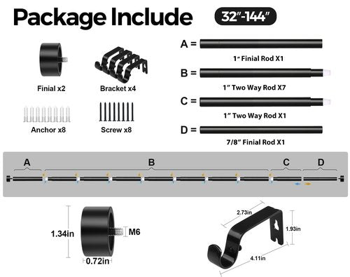 KAMANINA Black Curtain Rod 32 to 144 Inch (2.6-12 Feet), 1 Inch Heavy Duty Curtain Rods for Windows, Modern Adjustable Drapery Rods with End Cap (32"-144")