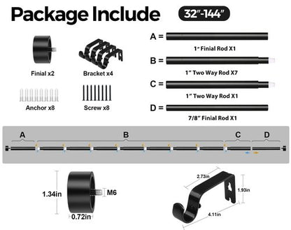KAMANINA Black Curtain Rod 32 to 144 Inch (2.6-12 Feet), 1 Inch Heavy Duty Curtain Rods for Windows, Modern Adjustable Drapery Rods with End Cap (32"-144")