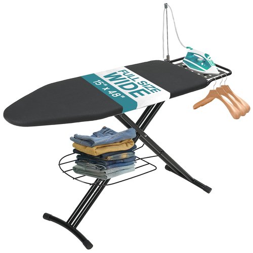 Ironing Board 48x15 in, RAINHOL Large Heavy Duty Ironing Boards Full Size with Pad and Cover, Height Adjustable Iron Stand with Storage Tray and Iron Rest, Black