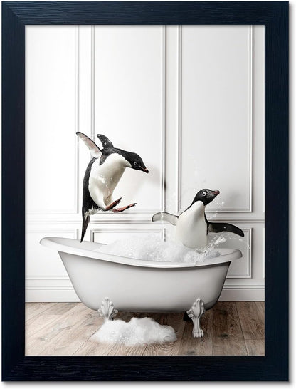 Skiennix Kids Bathroom Wall Art - Framed Black and White Penguin Print | Cute Farmhouse Decor