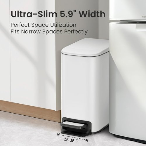 Cesun Stainless Steel Small Bathroom Trash Can - Soft Close Lid & Step Pedal, 6L | White Diaper Waste Basket