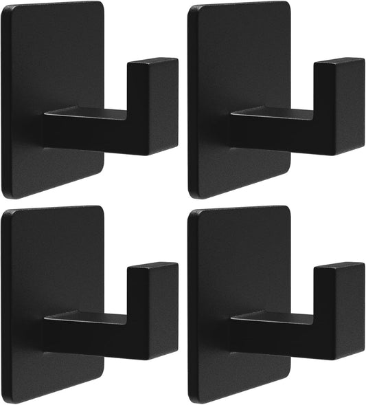 VAEHOLD Heavy-Duty Adhesive Towel Hooks - 4 Pack Aluminum Wall Hooks for Kitchen & Bathroom (Black)